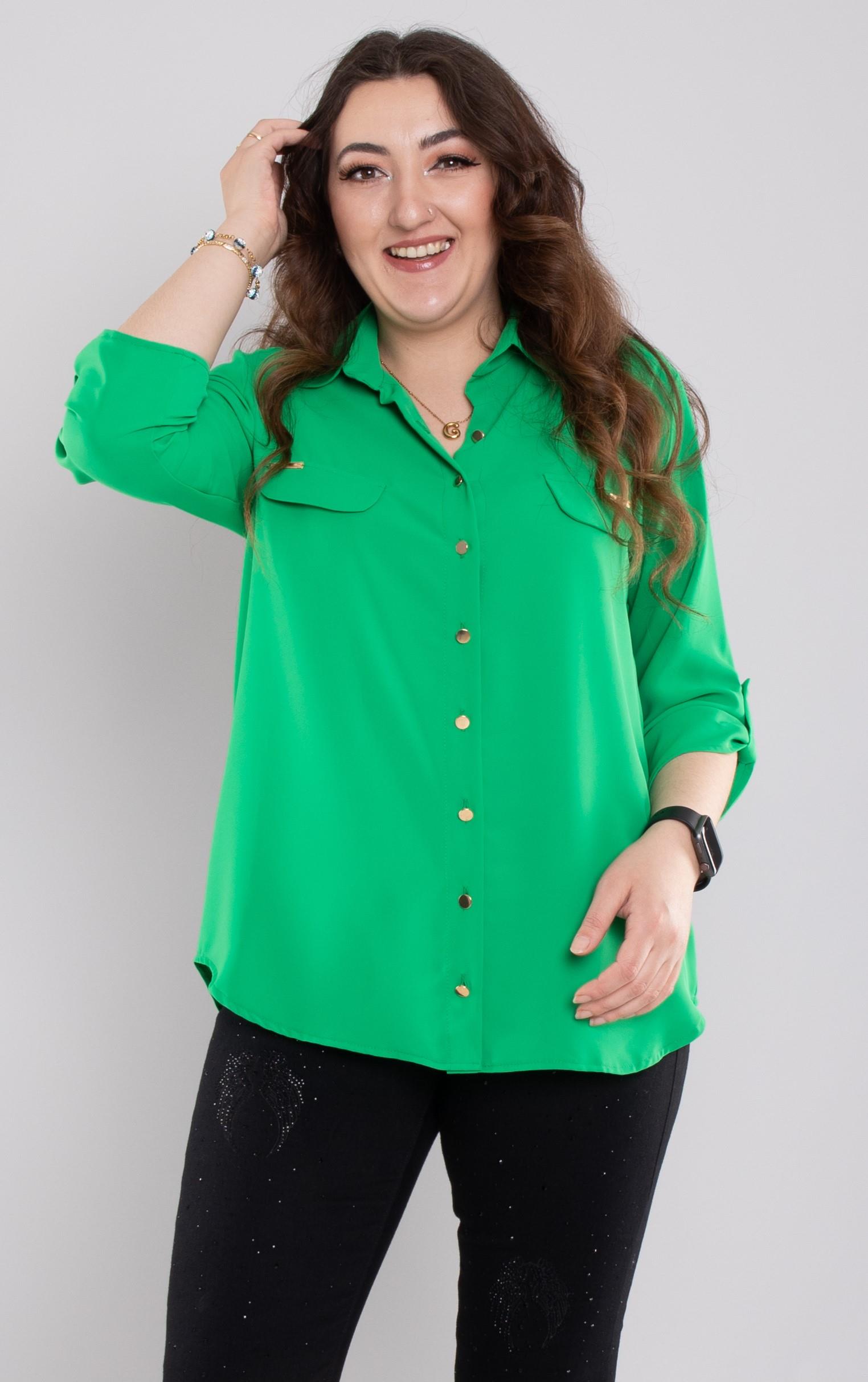 1608 Büyük Beden Cep Kapaklı Truvakar Kol Şifon Düğmeli Gömlek