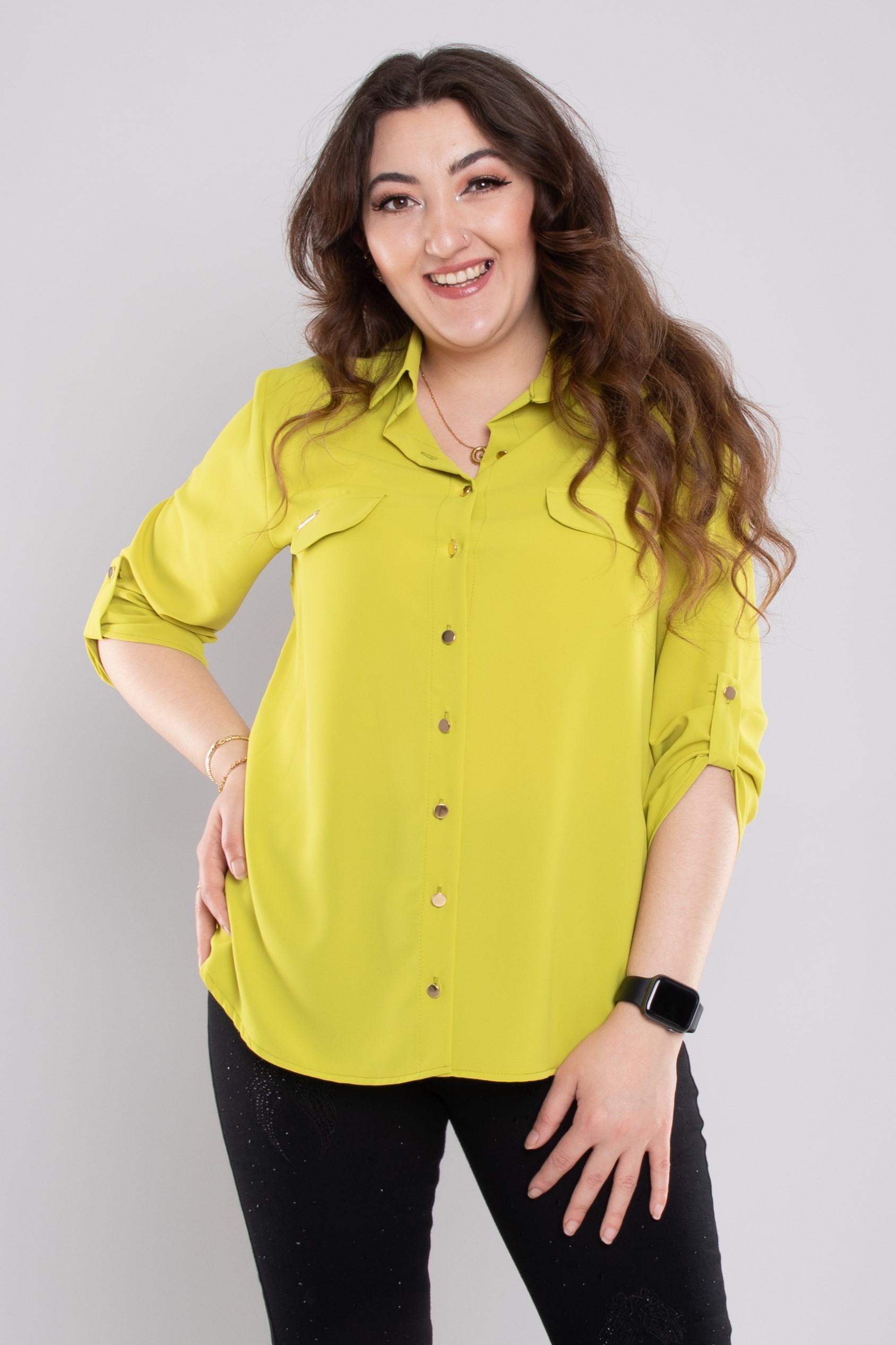 1608 Büyük Beden Cep Kapaklı Truvakar Kol Şifon Düğmeli Gömlek