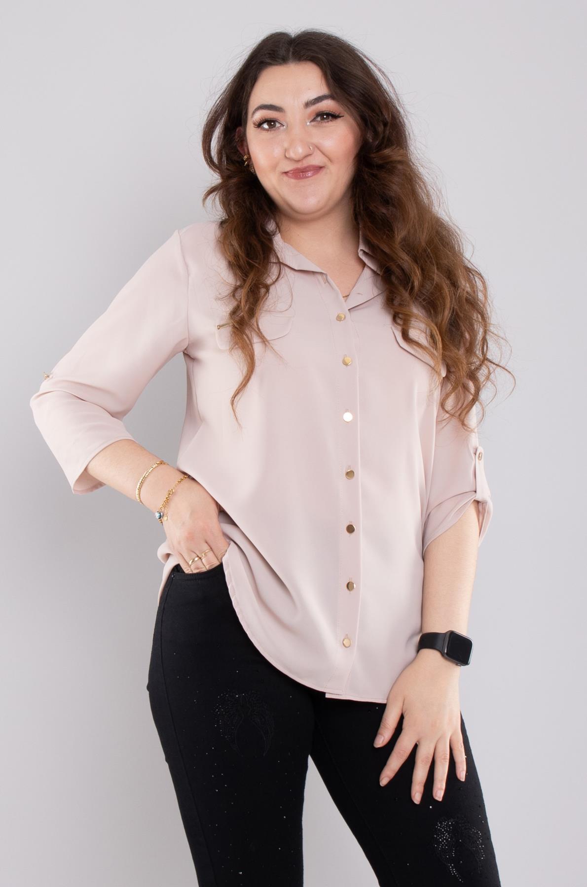 1608 Büyük Beden Cep Kapaklı Truvakar Kol Şifon Düğmeli Gömlek