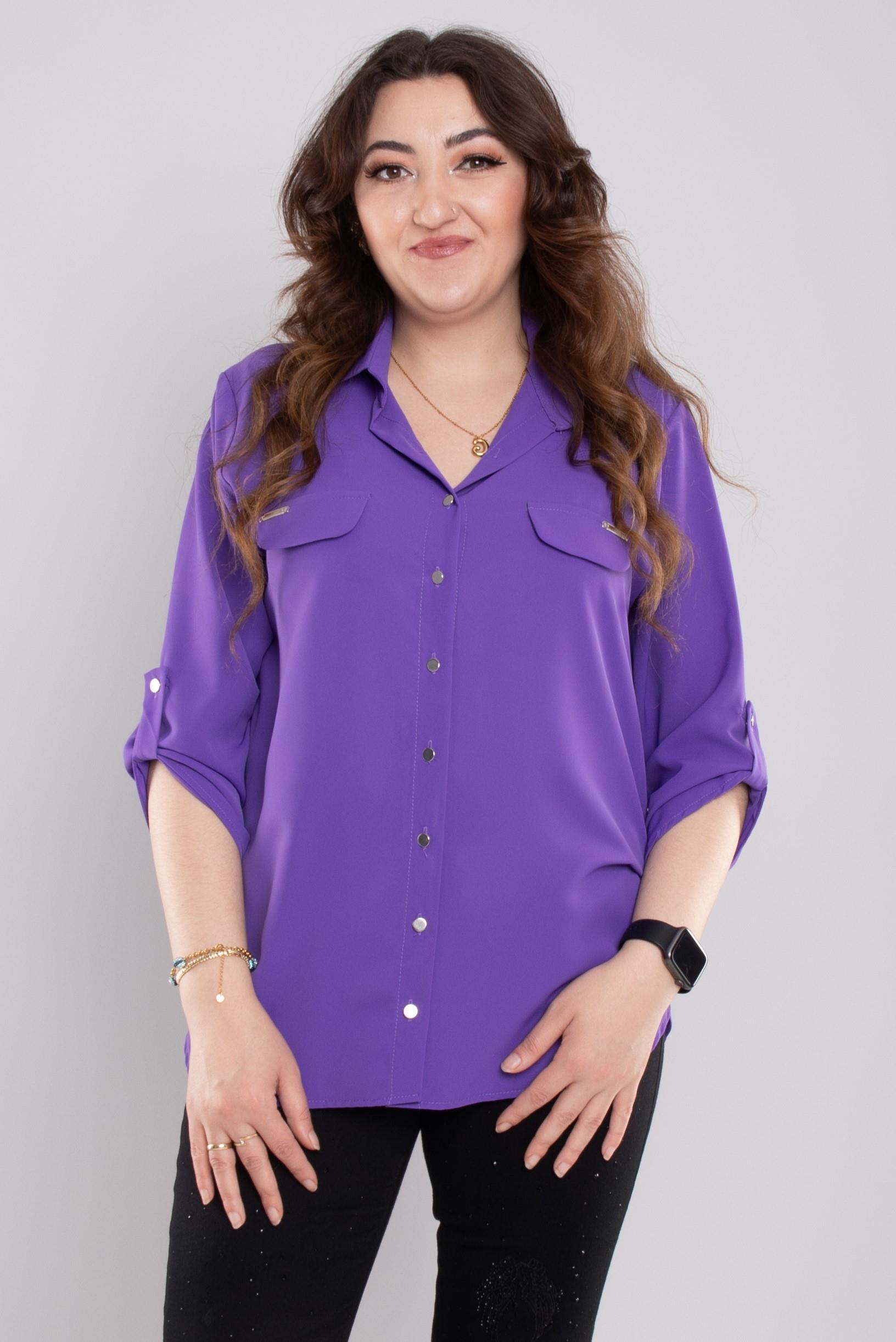 1608 Büyük Beden Cep Kapaklı Truvakar Kol Şifon Düğmeli Gömlek