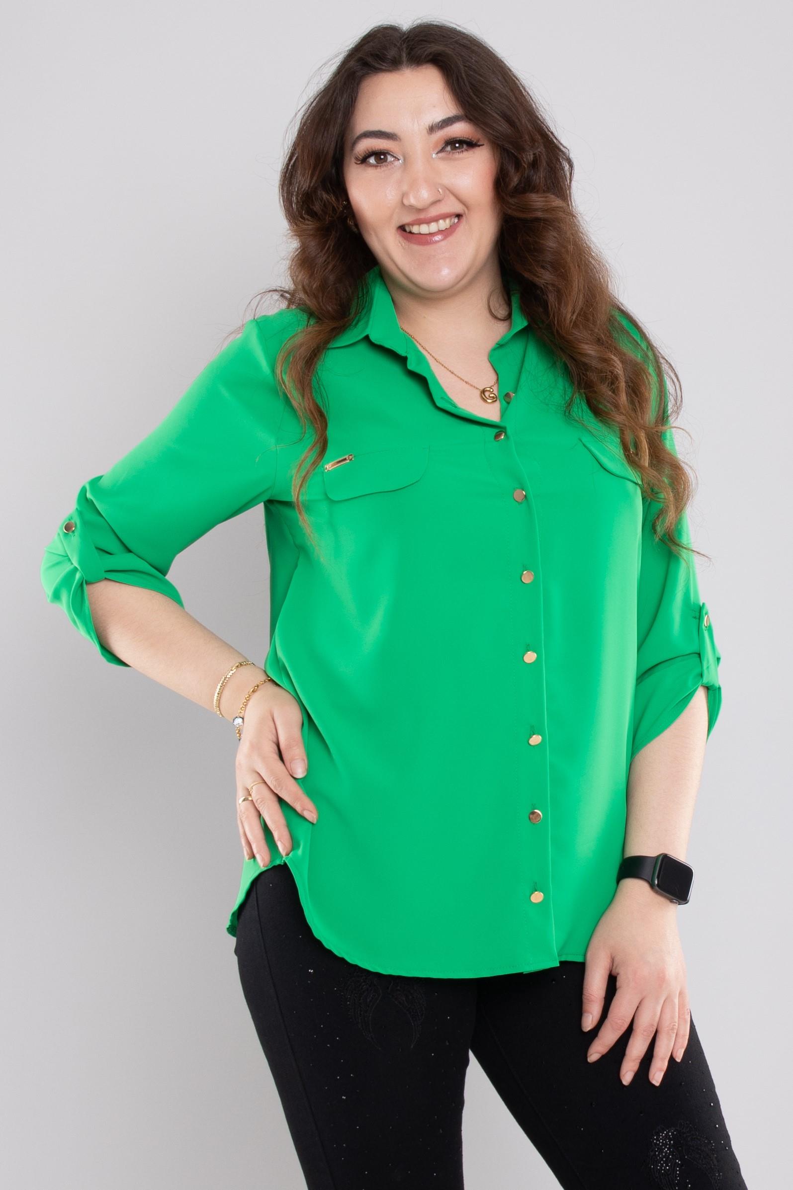 1608 Büyük Beden Cep Kapaklı Truvakar Kol Şifon Düğmeli Gömlek