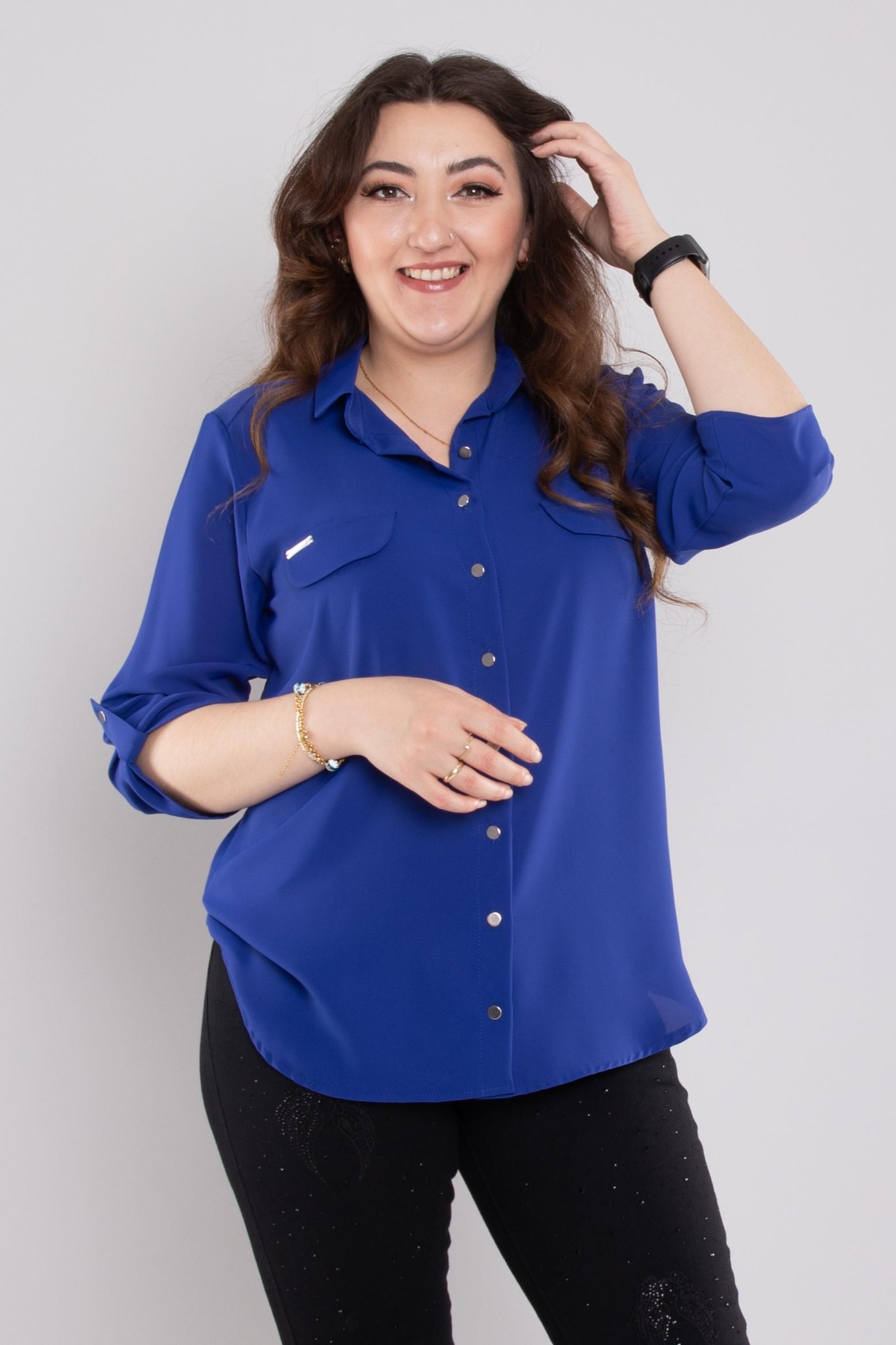 1608 Büyük Beden Cep Kapaklı Truvakar Kol Şifon Düğmeli Gömlek