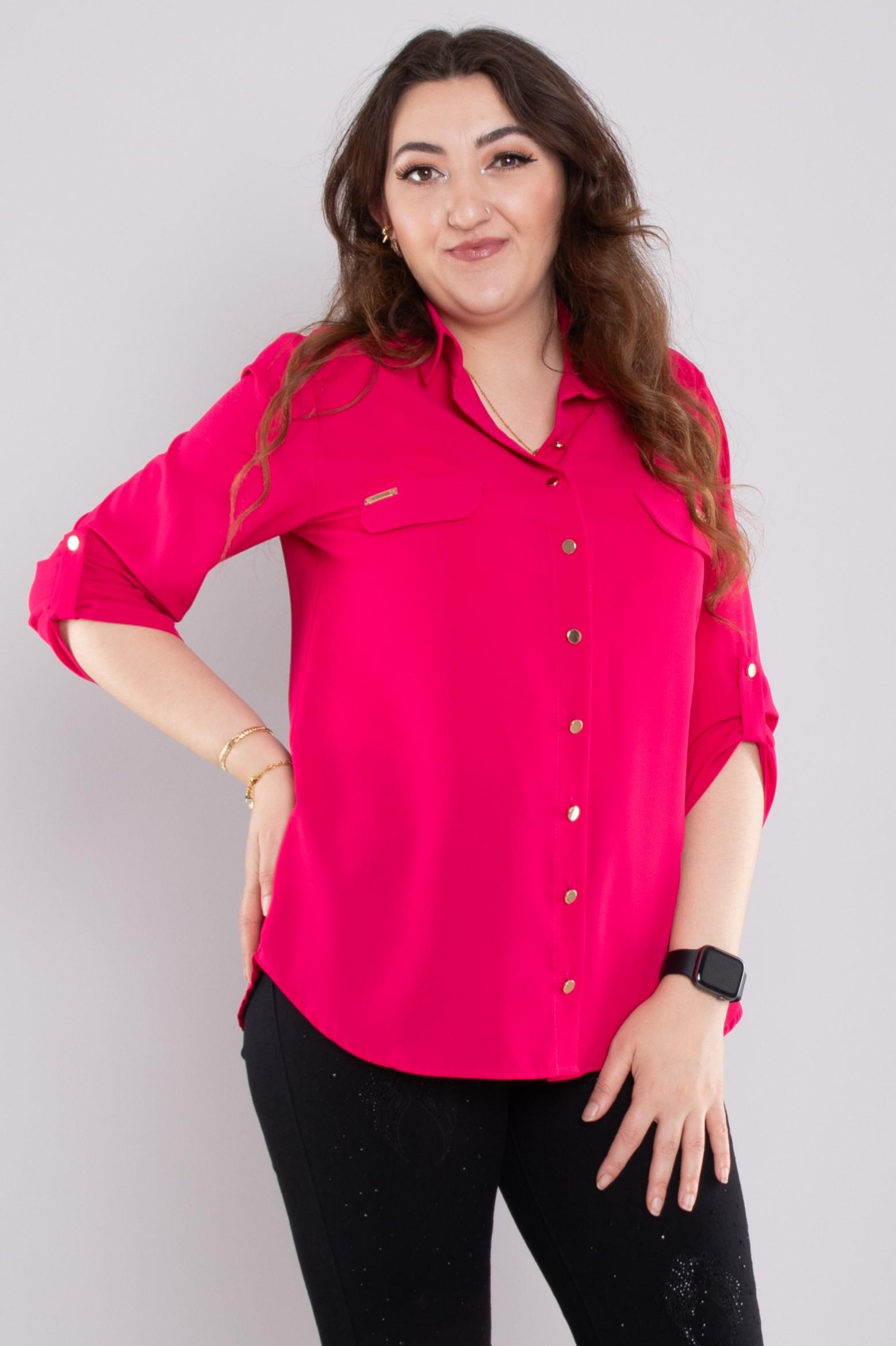 1608 Büyük Beden Cep Kapaklı Truvakar Kol Şifon Düğmeli Gömlek