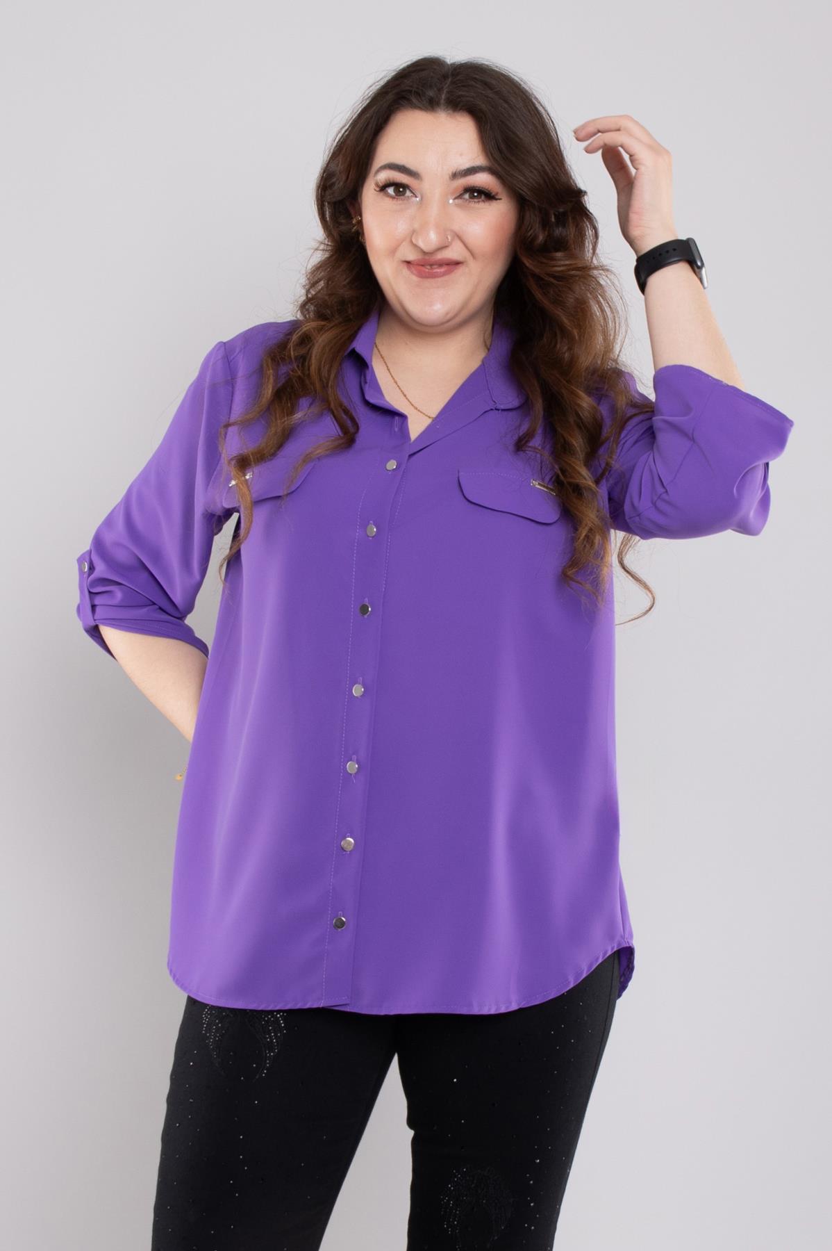 1608 Büyük Beden Cep Kapaklı Truvakar Kol Şifon Düğmeli Gömlek