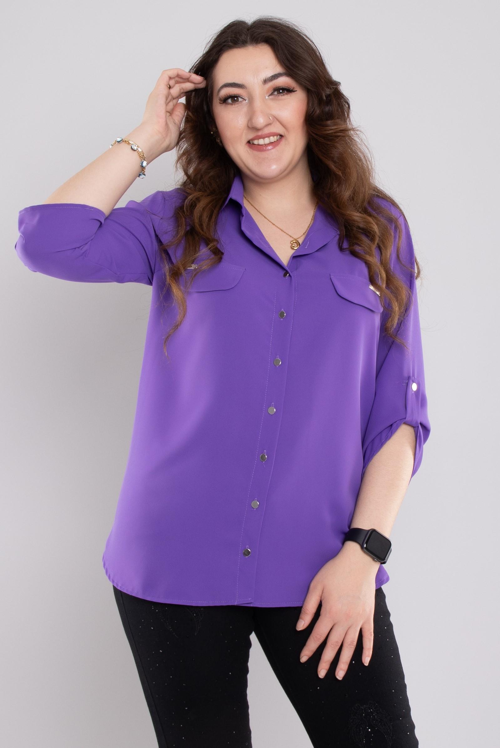 1608 Büyük Beden Cep Kapaklı Truvakar Kol Şifon Düğmeli Gömlek