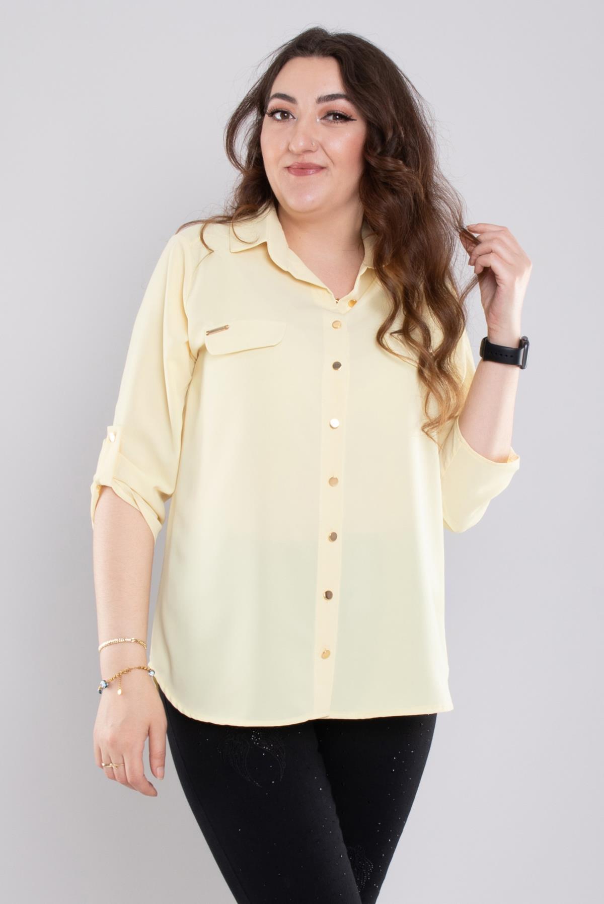 1608 Büyük Beden Cep Kapaklı Truvakar Kol Şifon Düğmeli Gömlek