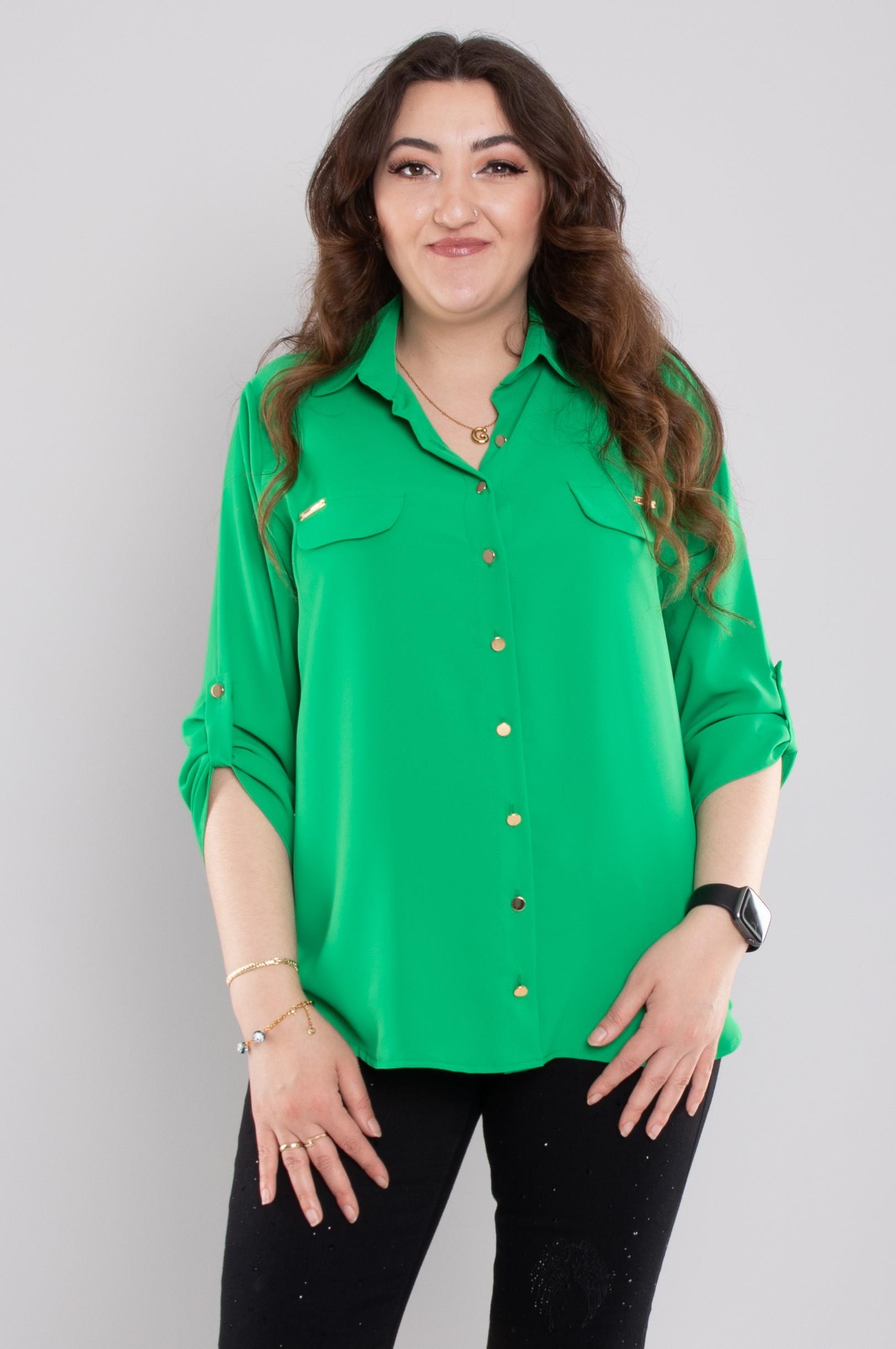 1608 Büyük Beden Cep Kapaklı Truvakar Kol Şifon Düğmeli Gömlek