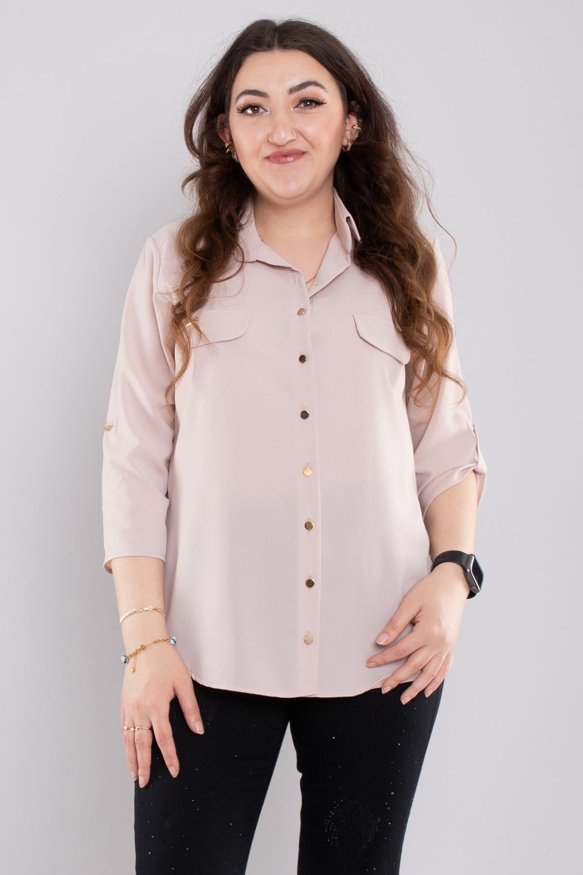 1608 Büyük Beden Cep Kapaklı Truvakar Kol Şifon Düğmeli Gömlek