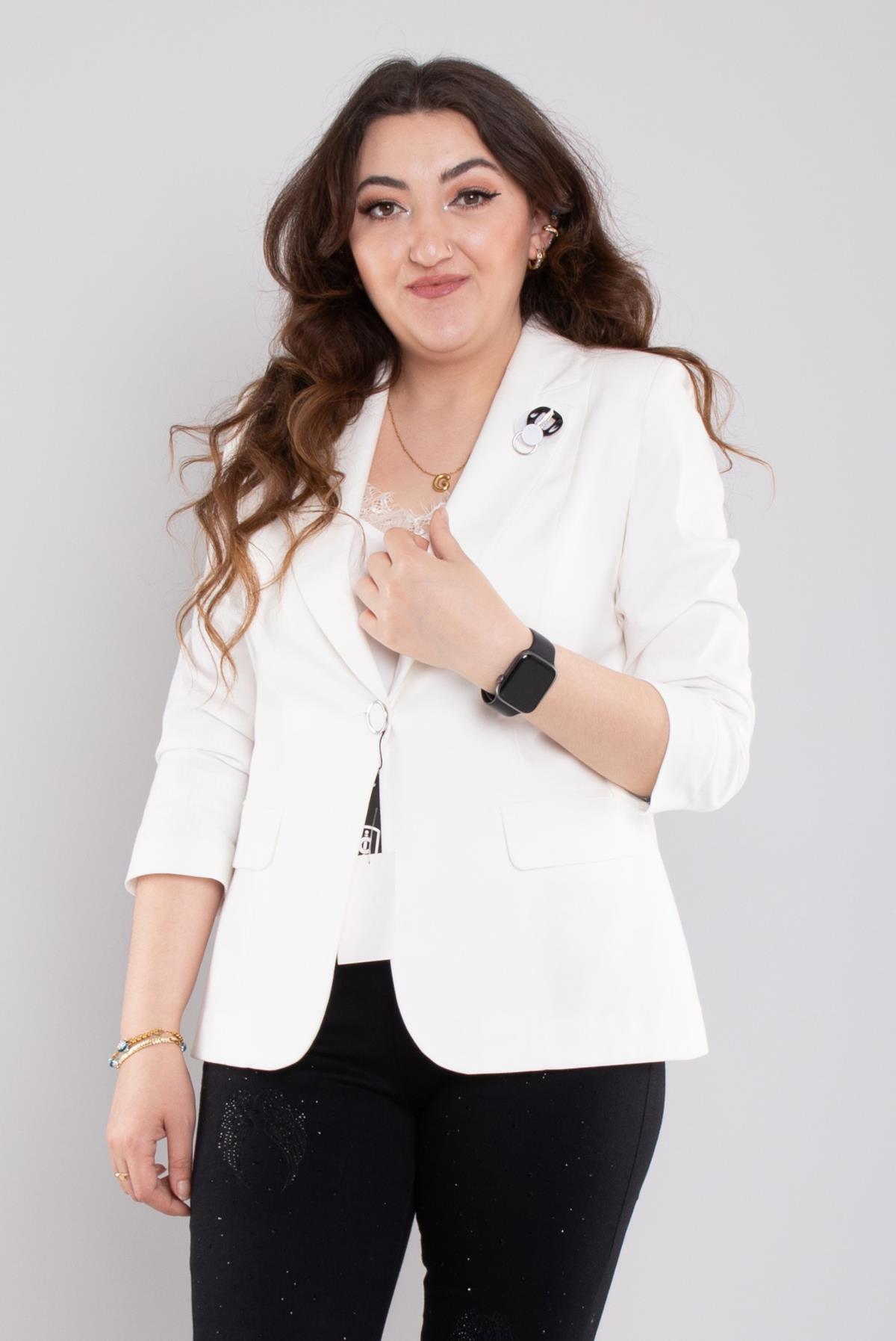 164 Büyük Beden Broşlu Kol Ucu Çizgili Cep Kapaklı Tek Düğme Pamuk Ceket