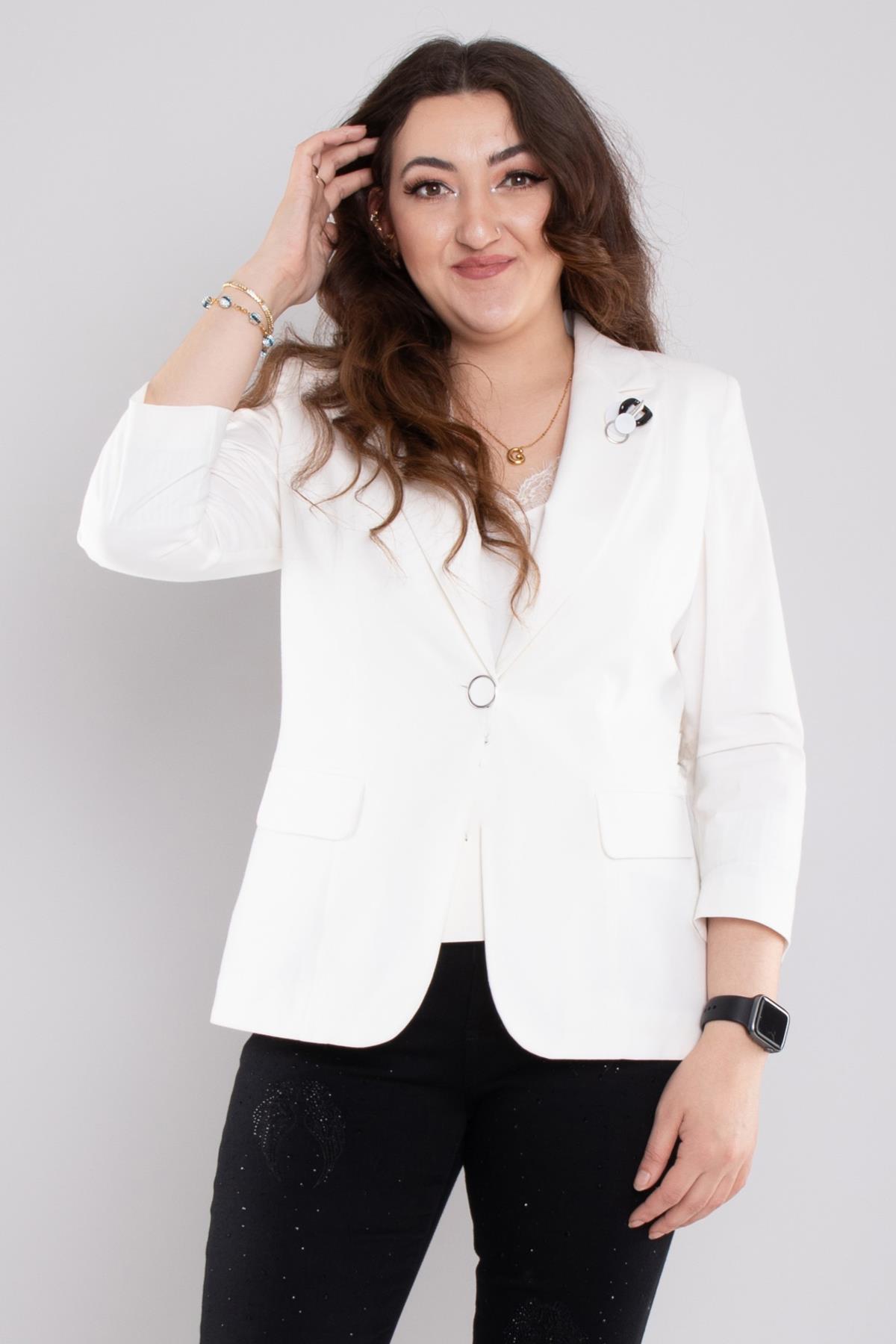 164 Büyük Beden Broşlu Kol Ucu Çizgili Cep Kapaklı Tek Düğme Pamuk Ceket