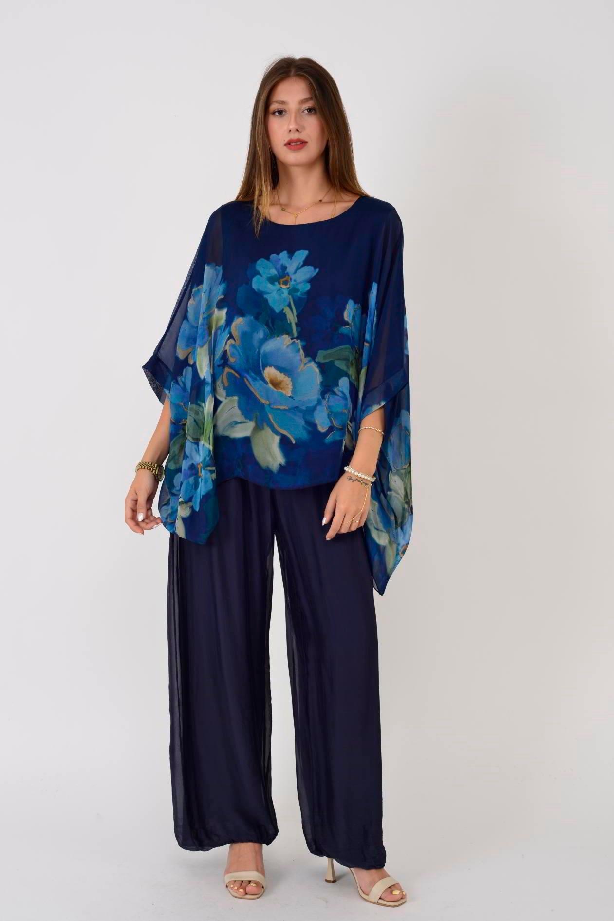 1688 Yapraklı Çiçekler Desen 2'li İpek Bluz