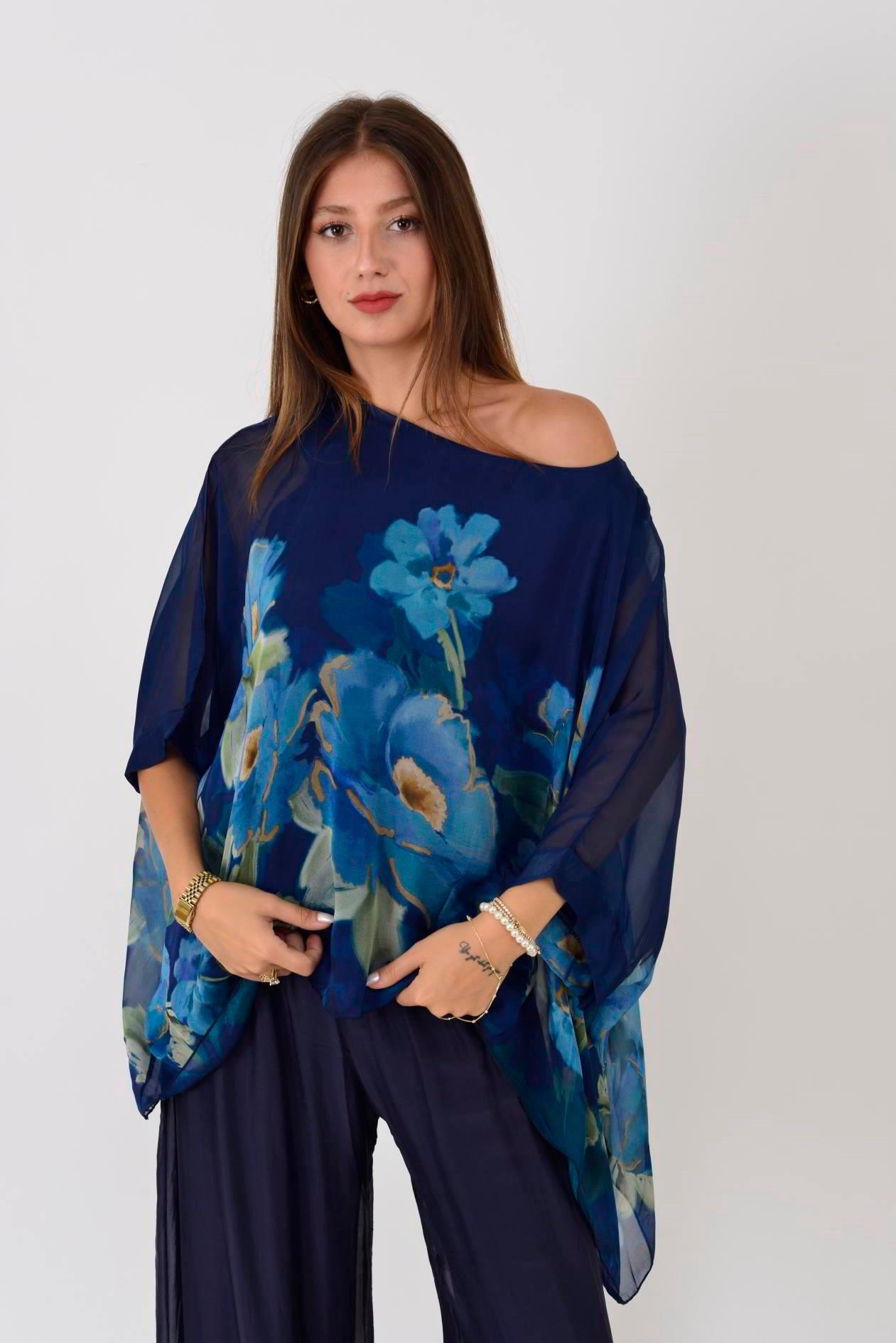 1688 Yapraklı Çiçekler Desen 2'li İpek Bluz