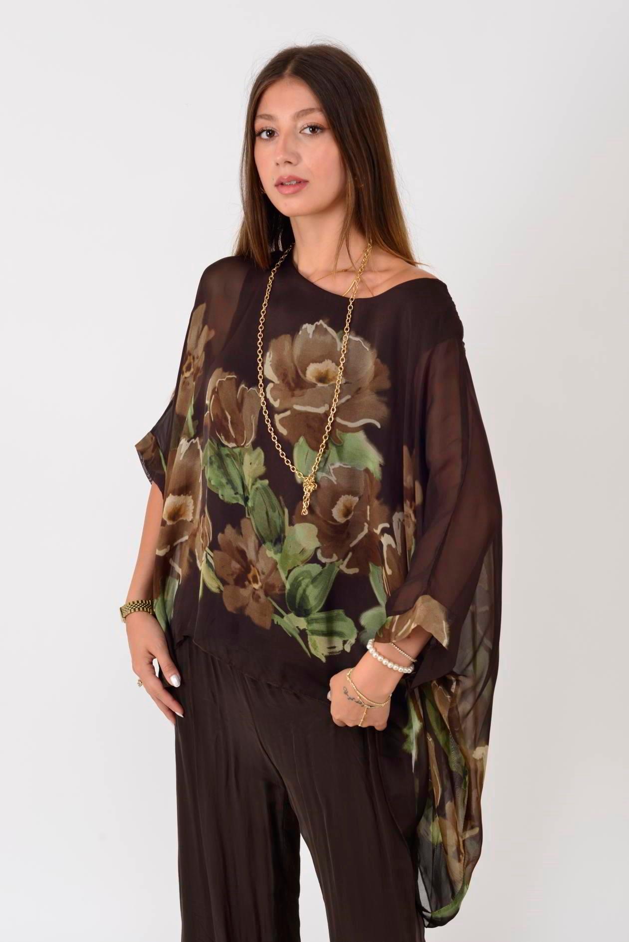 1688 Yapraklı Çiçekler Desen 2'li İpek Bluz