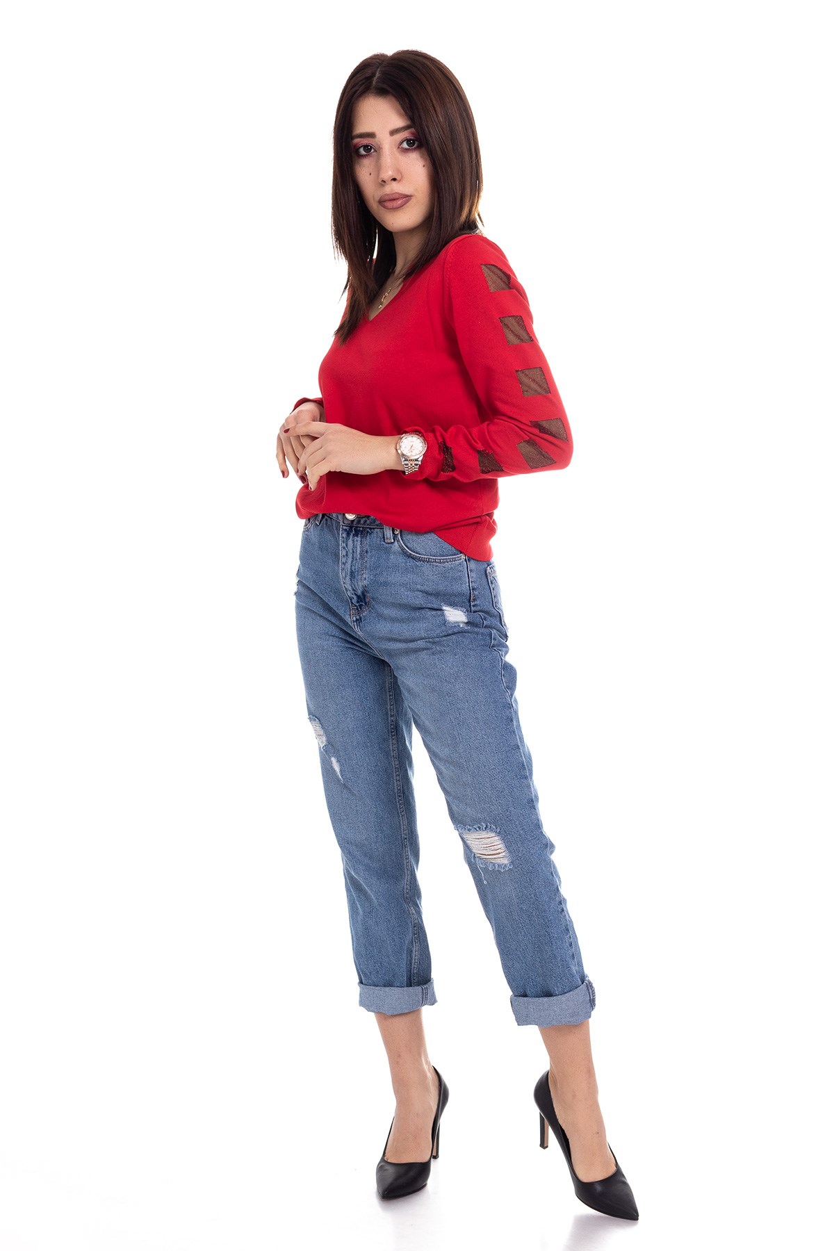 170 V Yaka Kare Kol İnce Triko Bluz