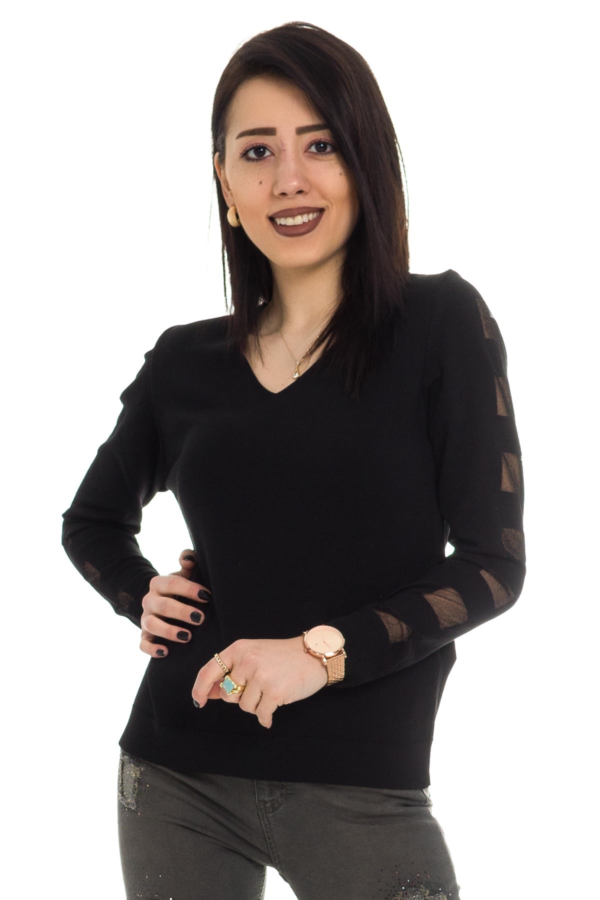 170 V Yaka Kare Kol İnce Triko Bluz