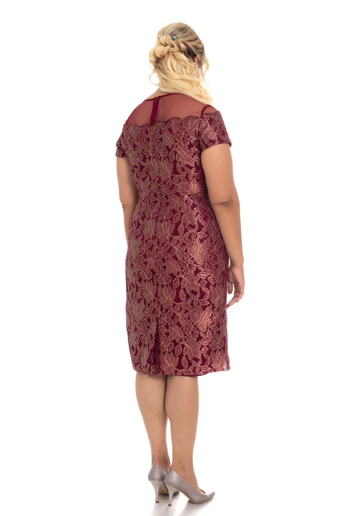 1810 BB Yaka Tül Desenli Jakar Kısa Elbise