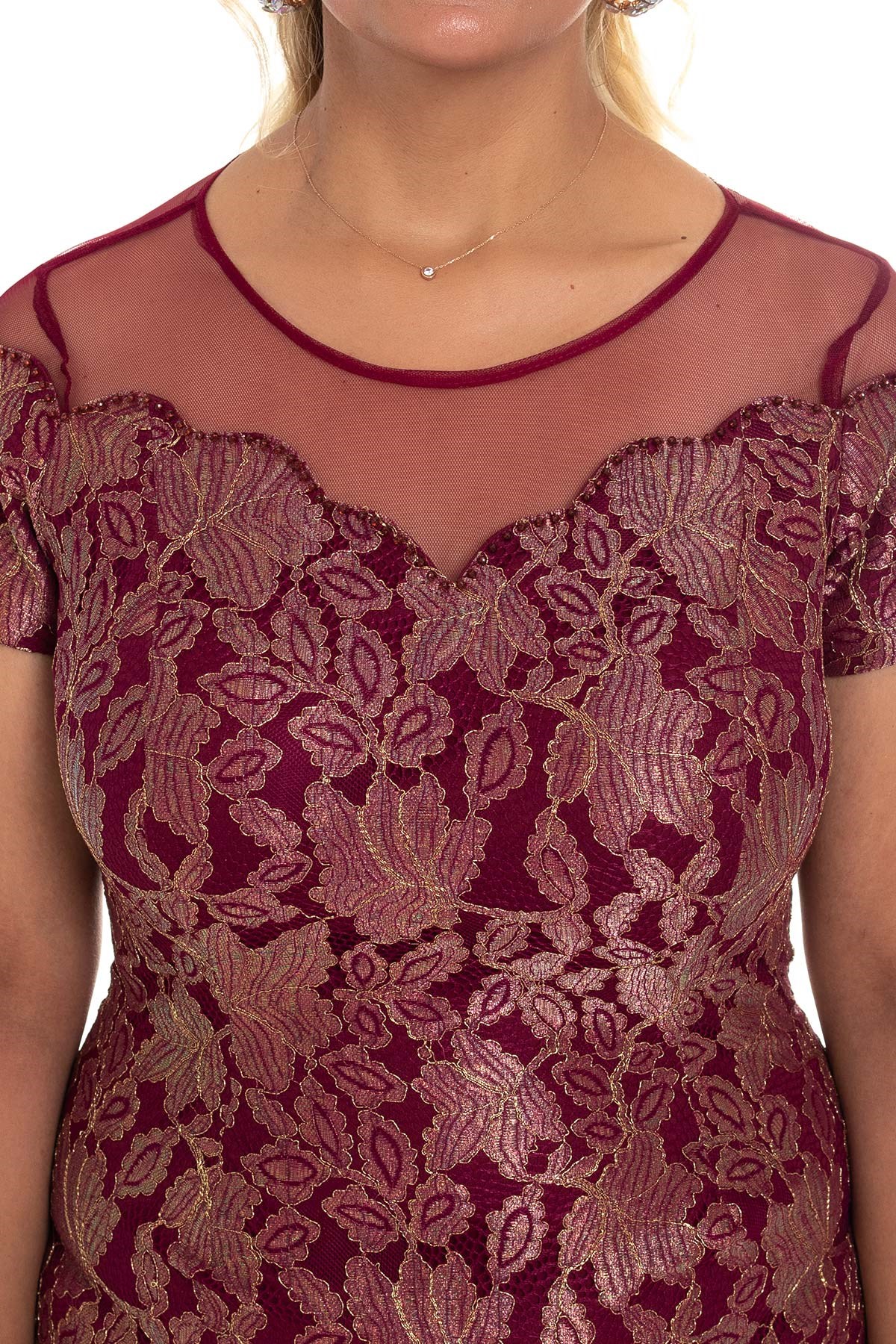 1810 BB Yaka Tül Desenli Jakar Kısa Elbise