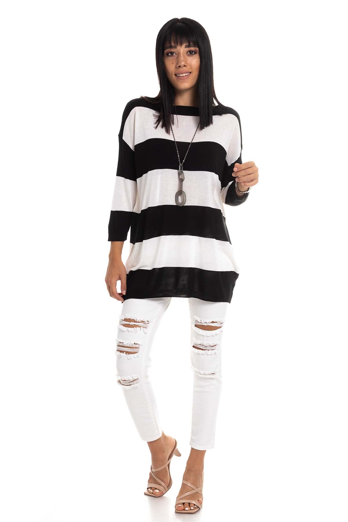 184 KB Kalın Çizgili Basic Triko Bluz