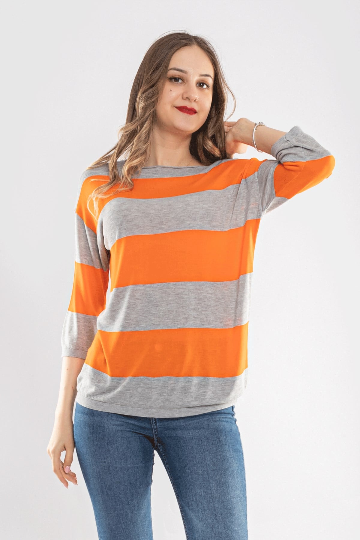 184 KB Kalın Çizgili Basic Triko Bluz