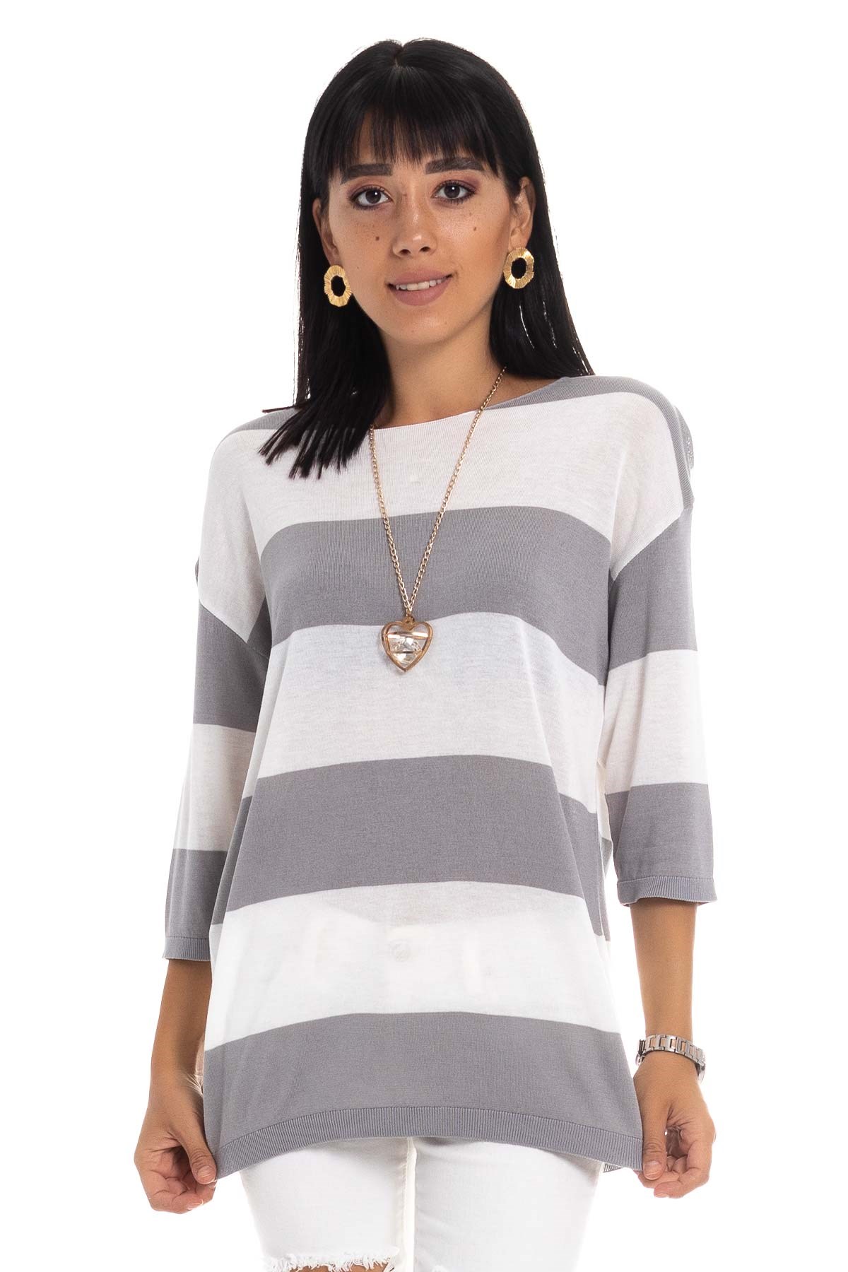 184 KB Kalın Çizgili Basic Triko Bluz