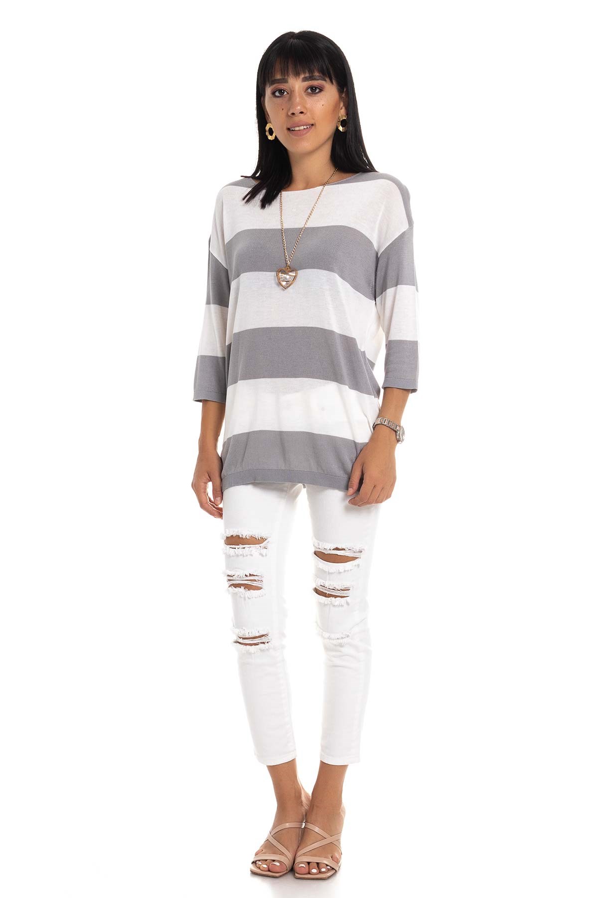 184 KB Kalın Çizgili Basic Triko Bluz