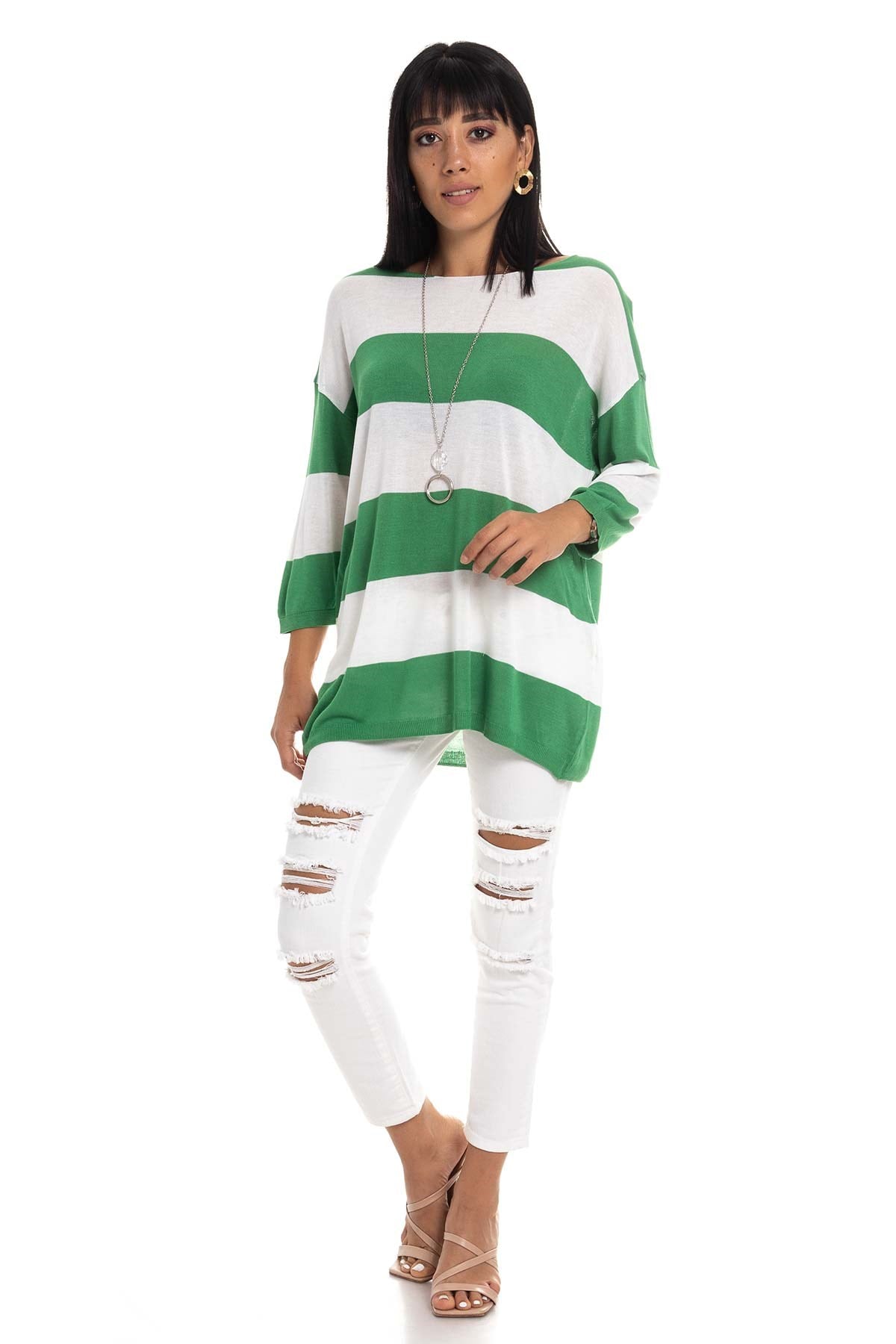 184 KB Kalın Çizgili Basic Triko Bluz