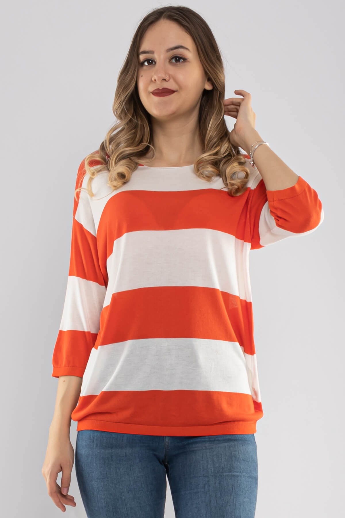 184 KB Kalın Çizgili Basic Triko Bluz