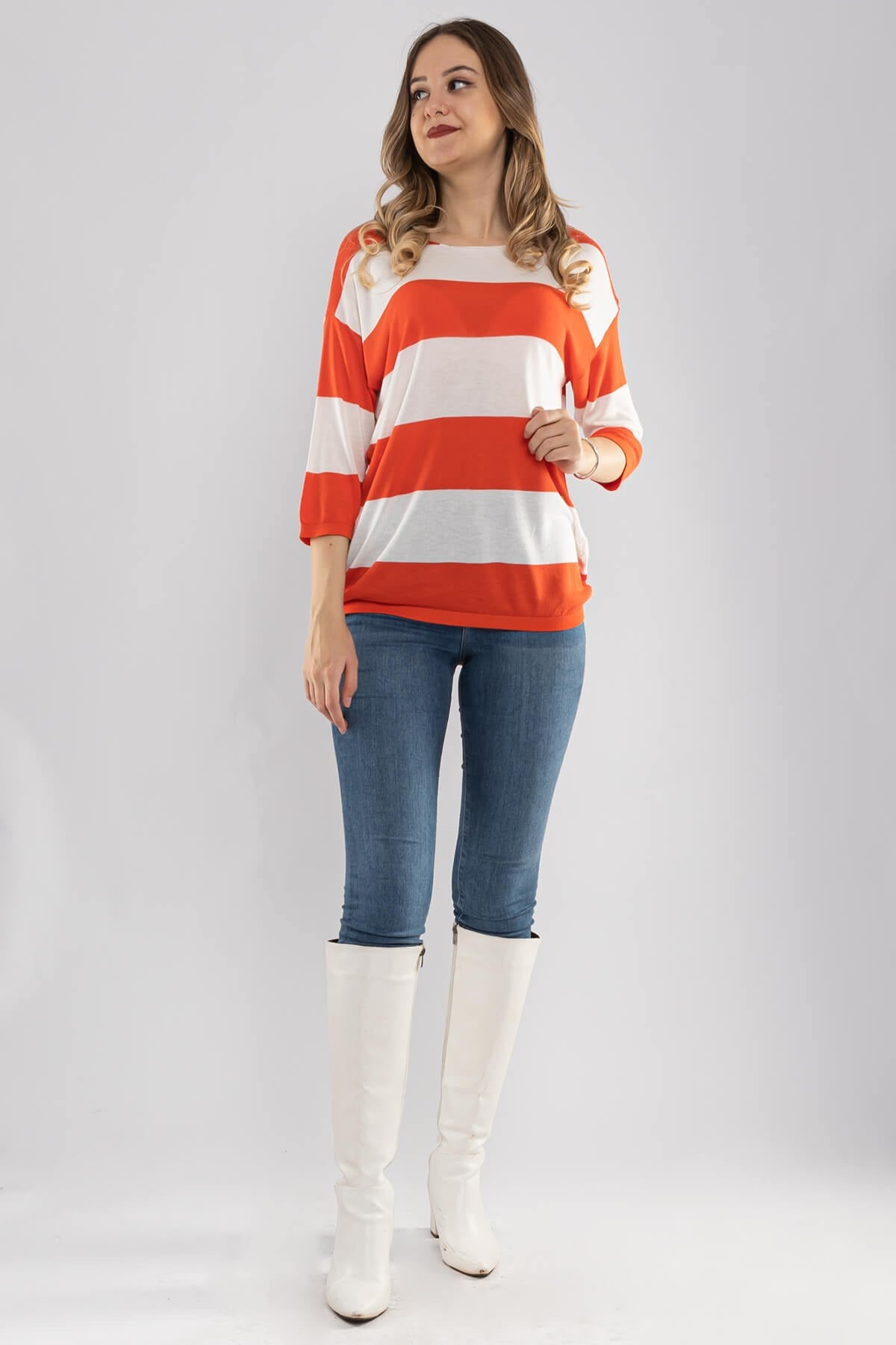 184 KB Kalın Çizgili Basic Triko Bluz