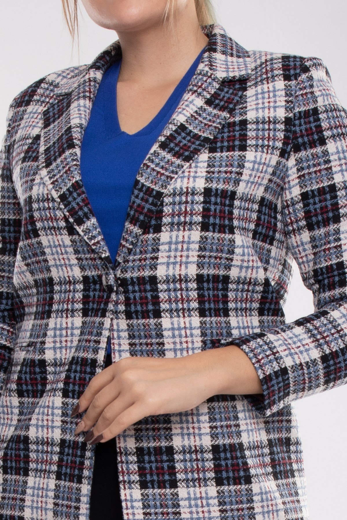 1892 Büyük Beden Ekose Tek Düğme Kadın Ceket