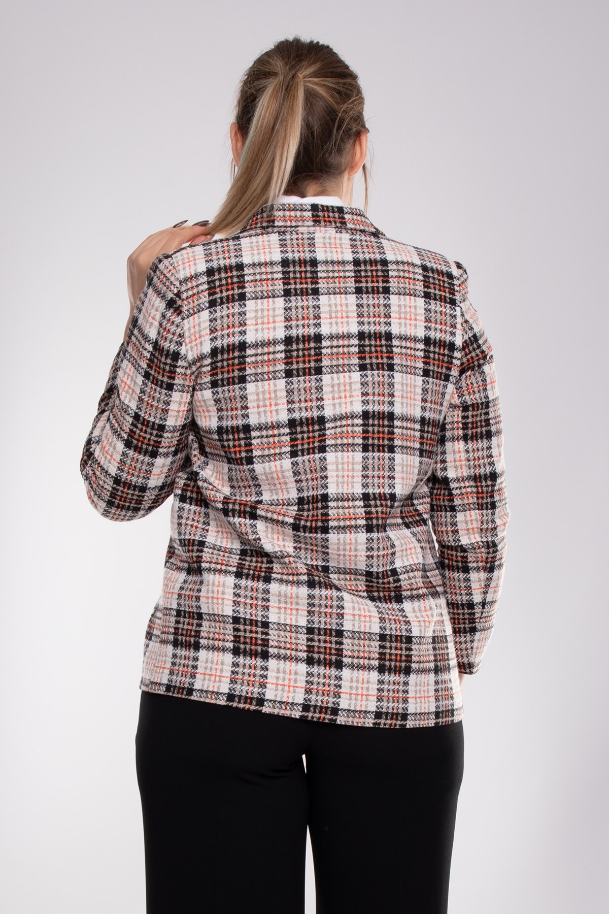 1892 Büyük Beden Ekose Tek Düğme Kadın Ceket