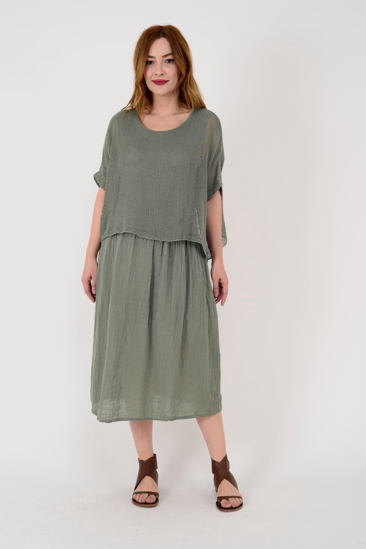 19056 Düz Desen Fileli İkili Keten Elbise