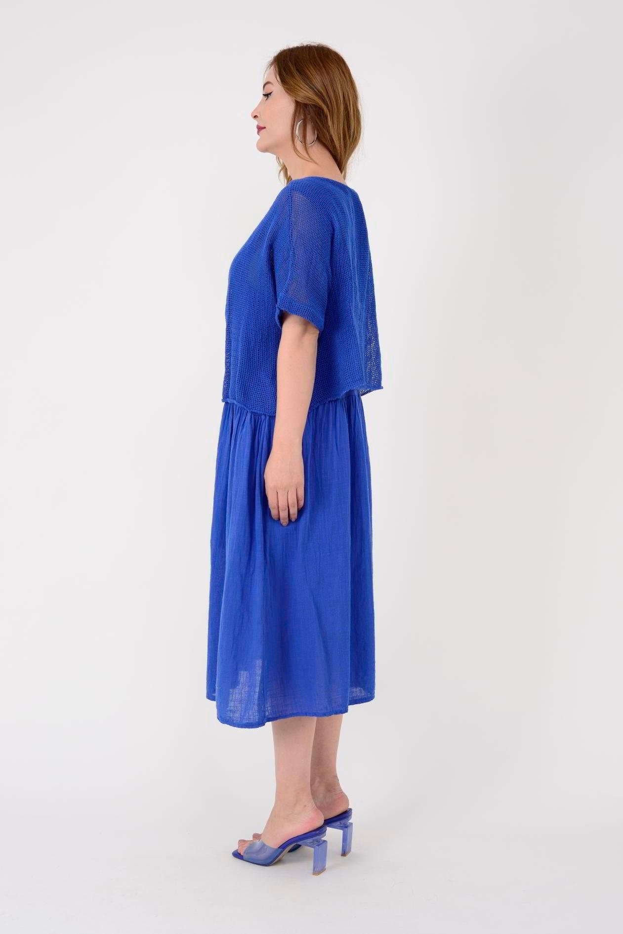 19056 Düz Desen Fileli İkili Keten Elbise