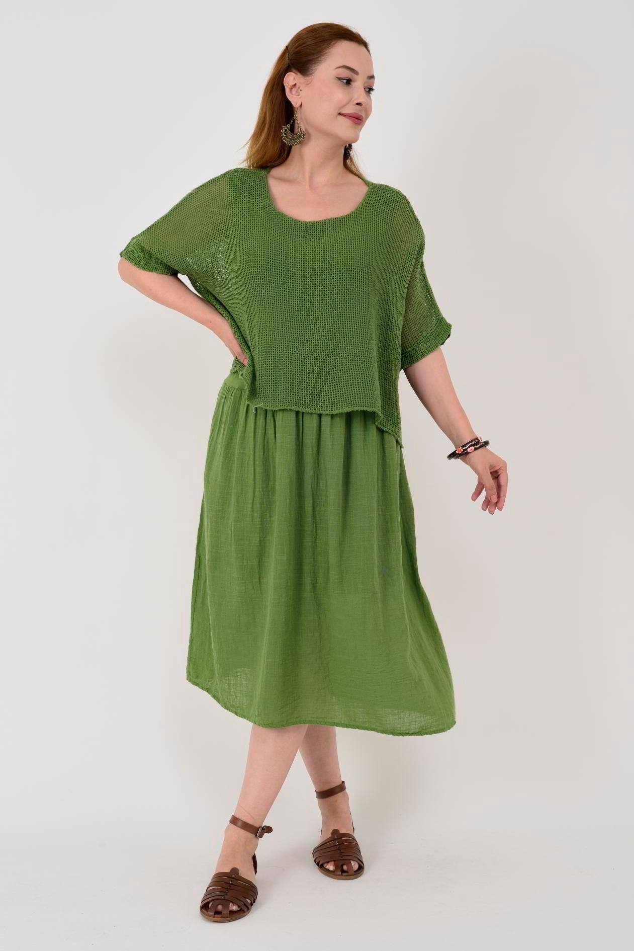 19056 Düz Desen Fileli İkili Keten Elbise