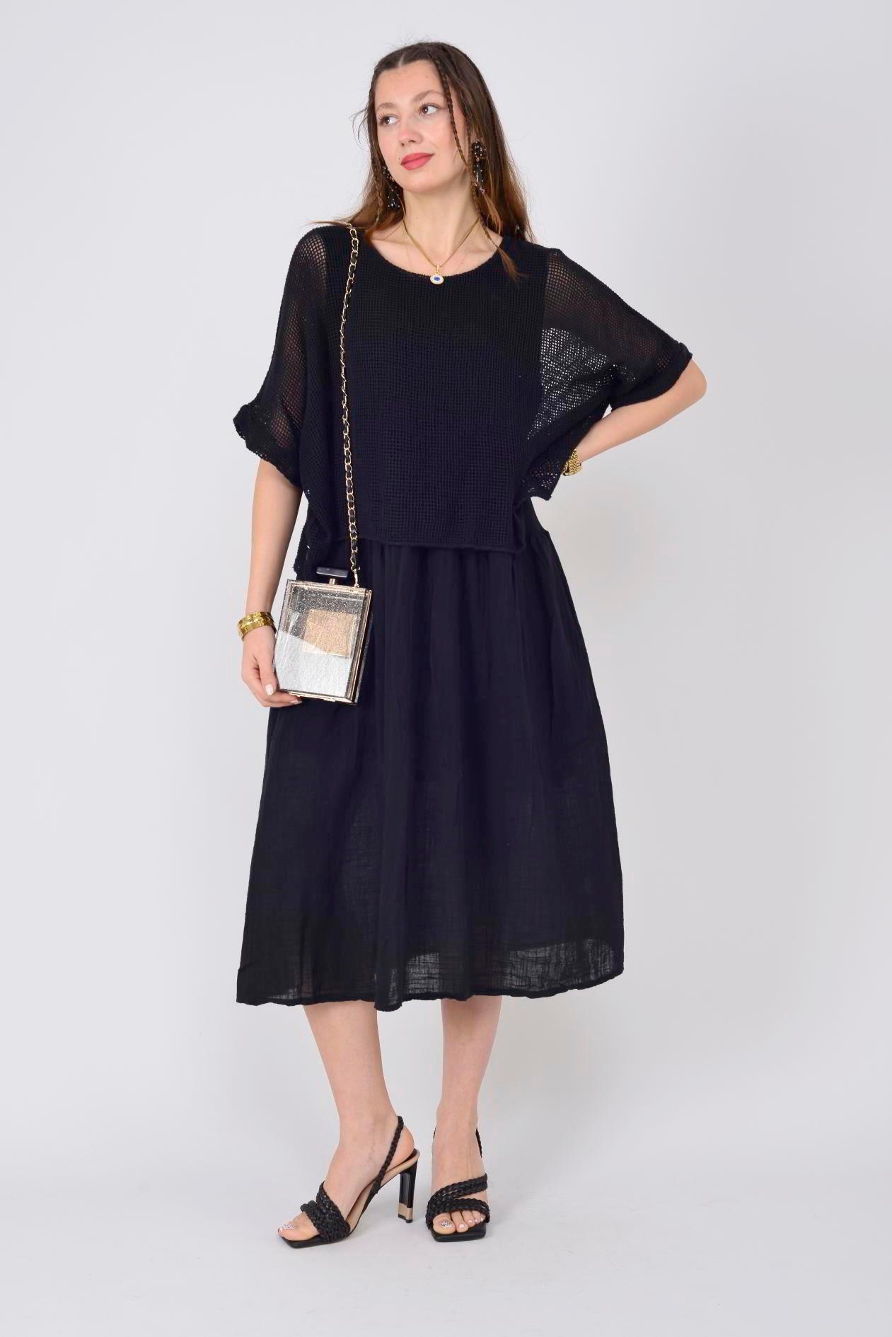 19056 Düz Desen Fileli İkili Keten Elbise