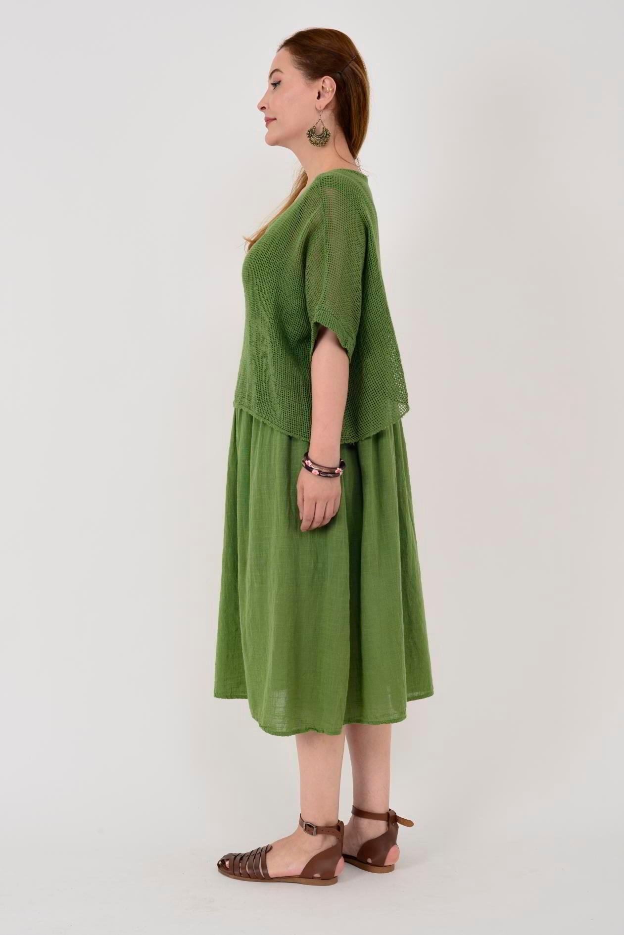 19056 Düz Desen Fileli İkili Keten Elbise