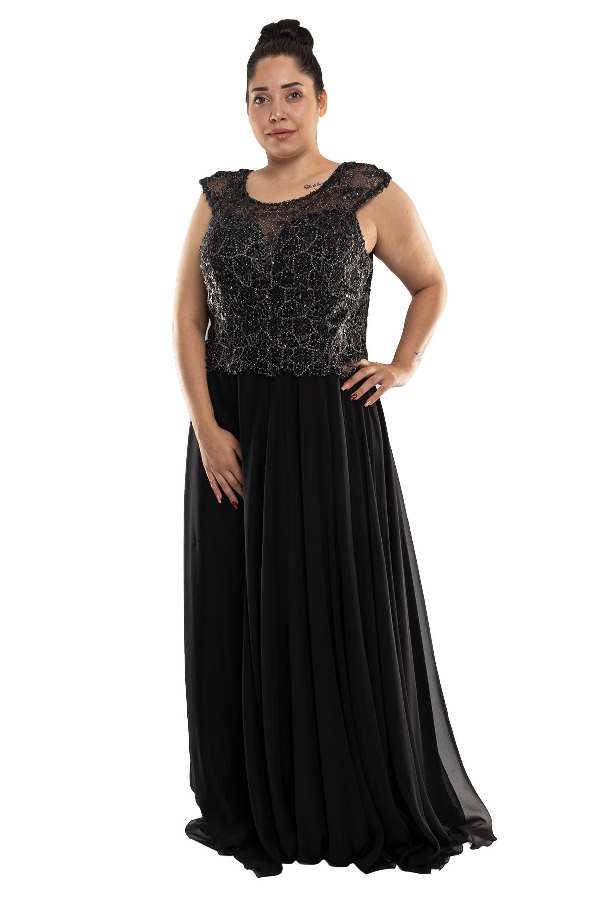 19131 Büyük Beden Üzeri Pulpayet Nakış İşleme İpek Saten Uzun Elbise