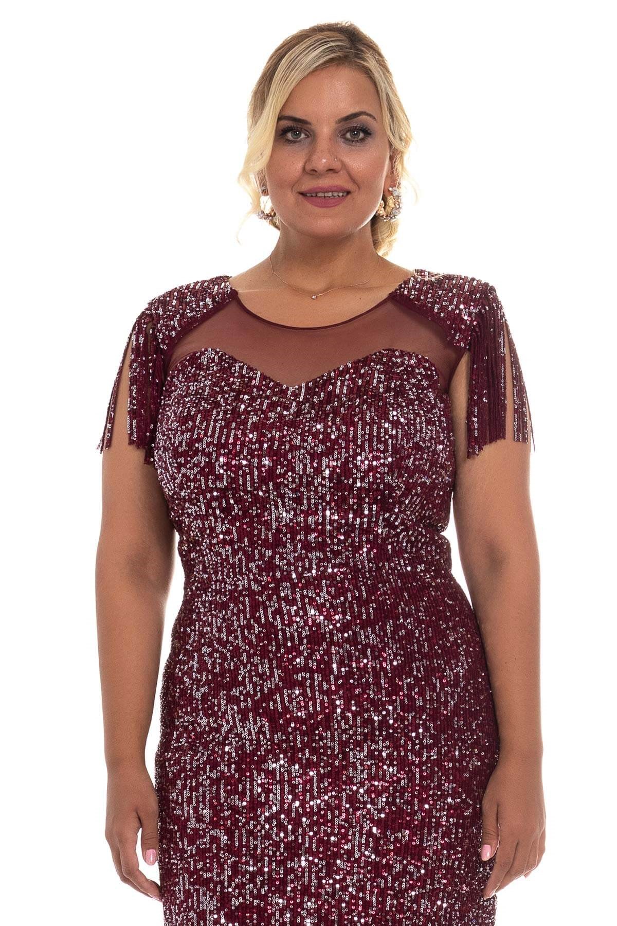 19164 BB Omuz Püskül Pulpayet Uzun Elbise