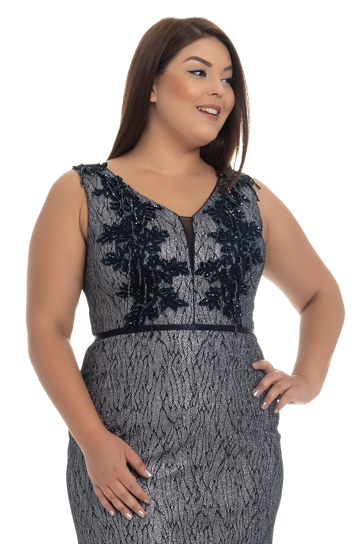 19190 BB DESENLİ SİMLİ YAKA BONCUKLU ELBİSE