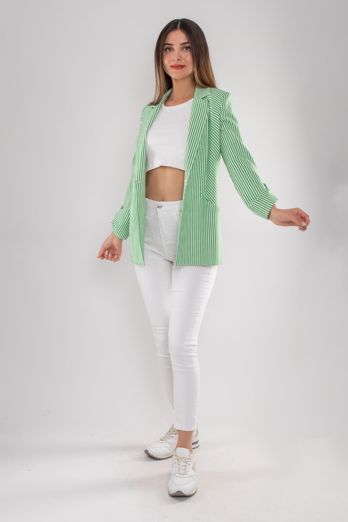 1944 Kol Ucu Apoletli Çizgili Astarsız Kadın Ceket