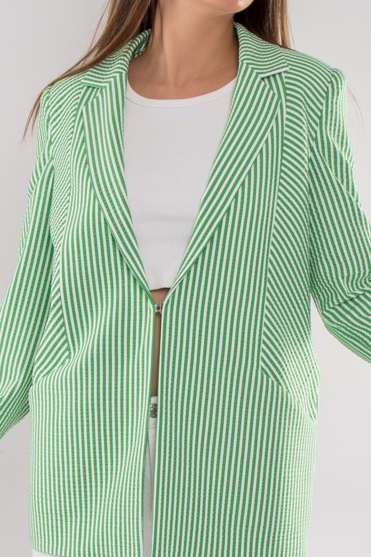 1944 Kol Ucu Apoletli Çizgili Astarsız Kadın Ceket