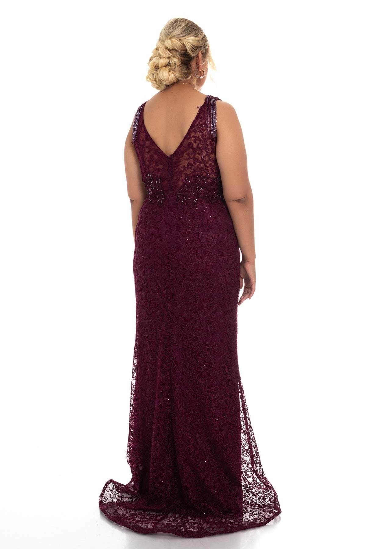 20106 BB Üstü Boncuk İşlemeli Balık Uzun Elbise