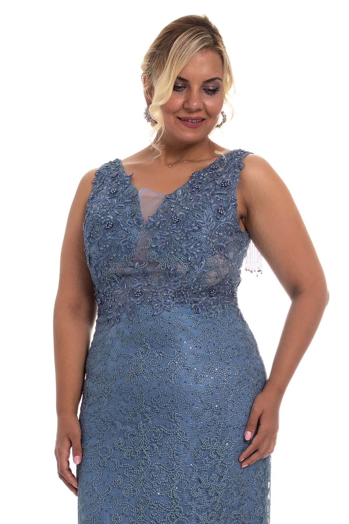 20106 BB Üstü Boncuk İşlemeli Balık Uzun Elbise