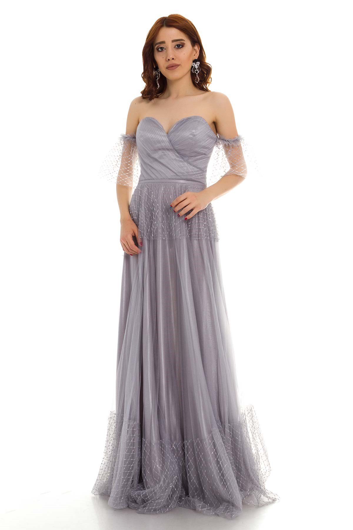 20129 KB Öpücük Yaka Simli Tül Prenses Uzun Elbise