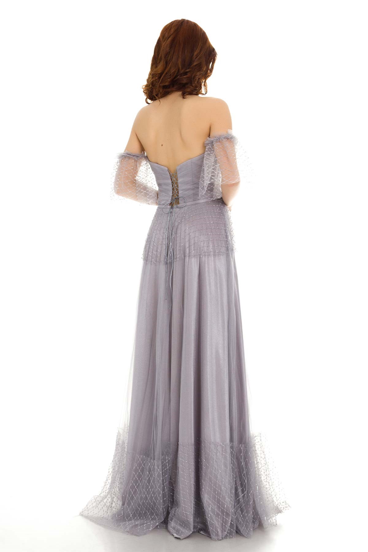 20129 KB Öpücük Yaka Simli Tül Prenses Uzun Elbise