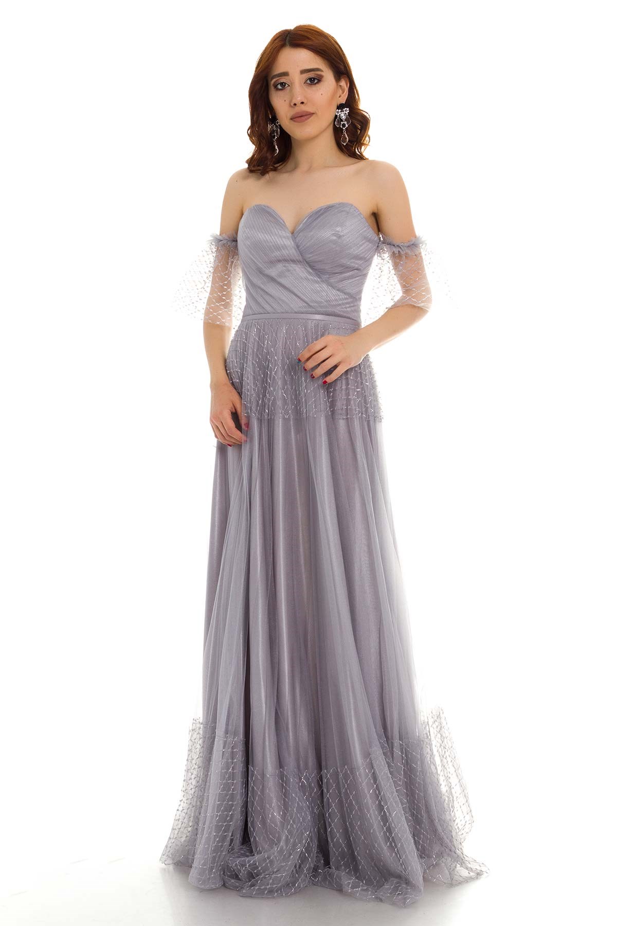 20129 KB Öpücük Yaka Simli Tül Prenses Uzun Elbise