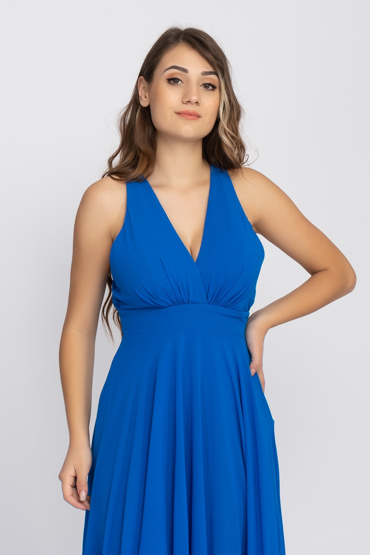 2013 KB Kruvaze Yaka Sırtı Çapraz Tül Uzun Şifon Elbise