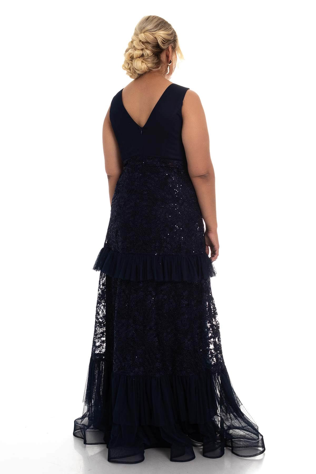 20130 BB Yaka Drapeli Tül Detay Dantel Balık Elbise