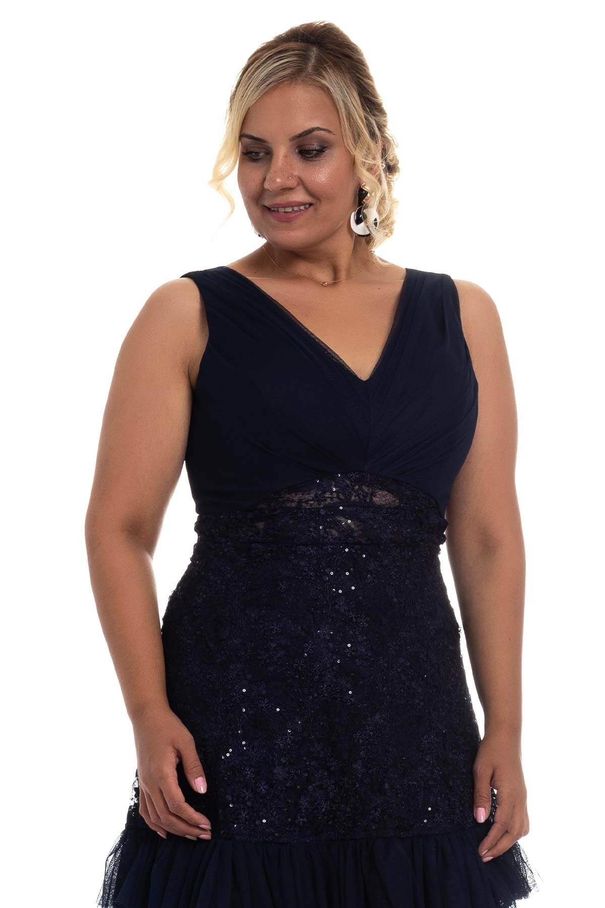 20130 BB Yaka Drapeli Tül Detay Dantel Balık Elbise