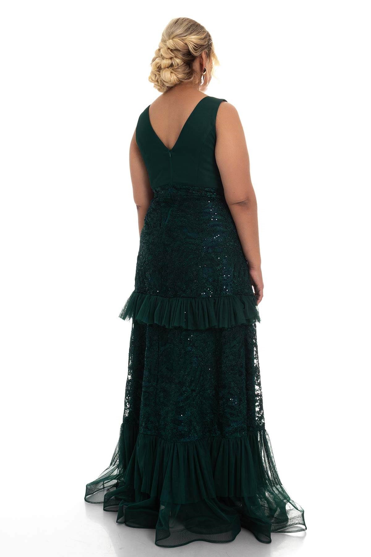 20130 BB Yaka Drapeli Tül Detay Dantel Balık Elbise