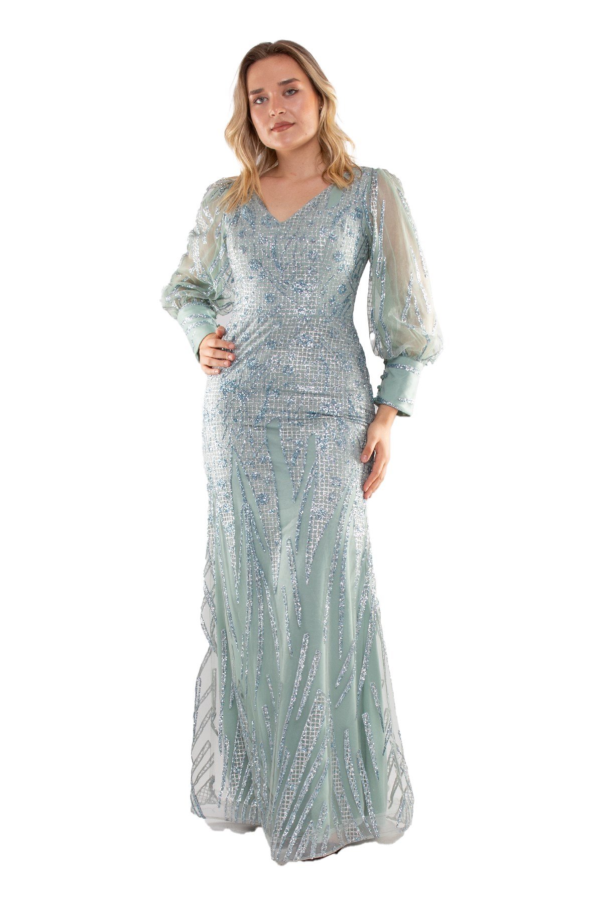 20152 BB V Yaka Sim Uzun Kol Balık Elbise